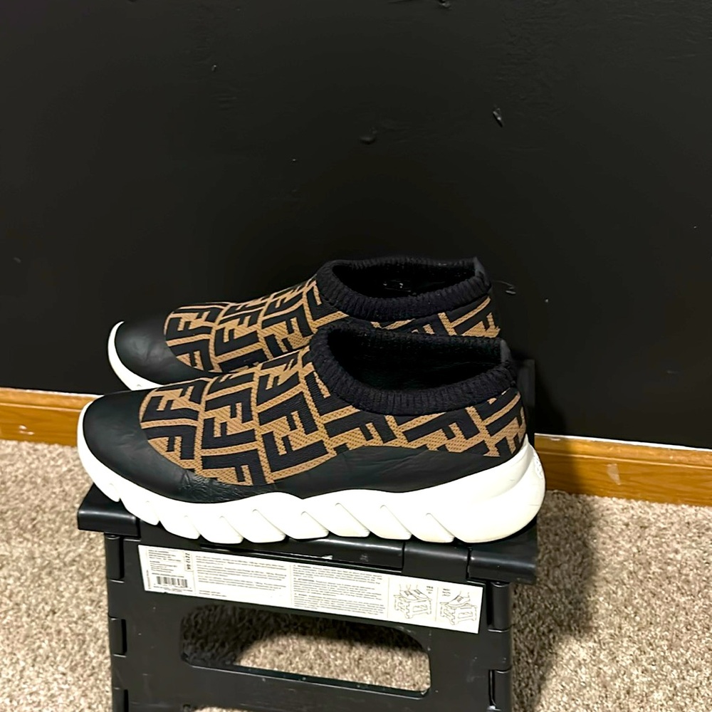 Fendi runners black brown and white. Sock slides